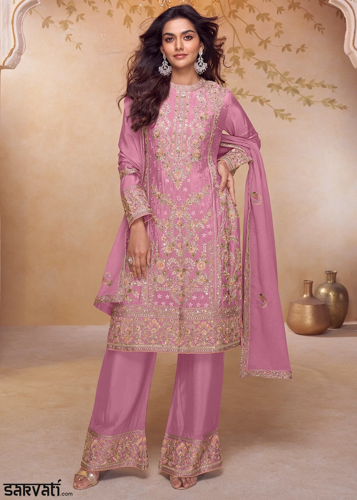 Pearly Purple Chinon Silk Ethnic Suit with Heavy Embroidery