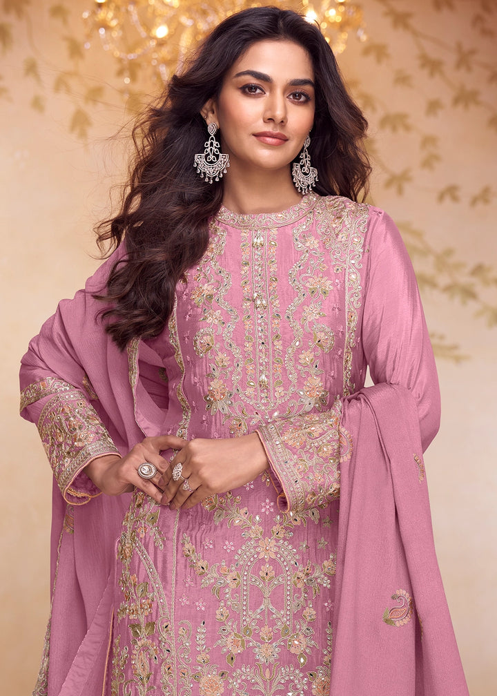Pearly Purple Chinon Silk Ethnic Suit with Heavy Embroidery