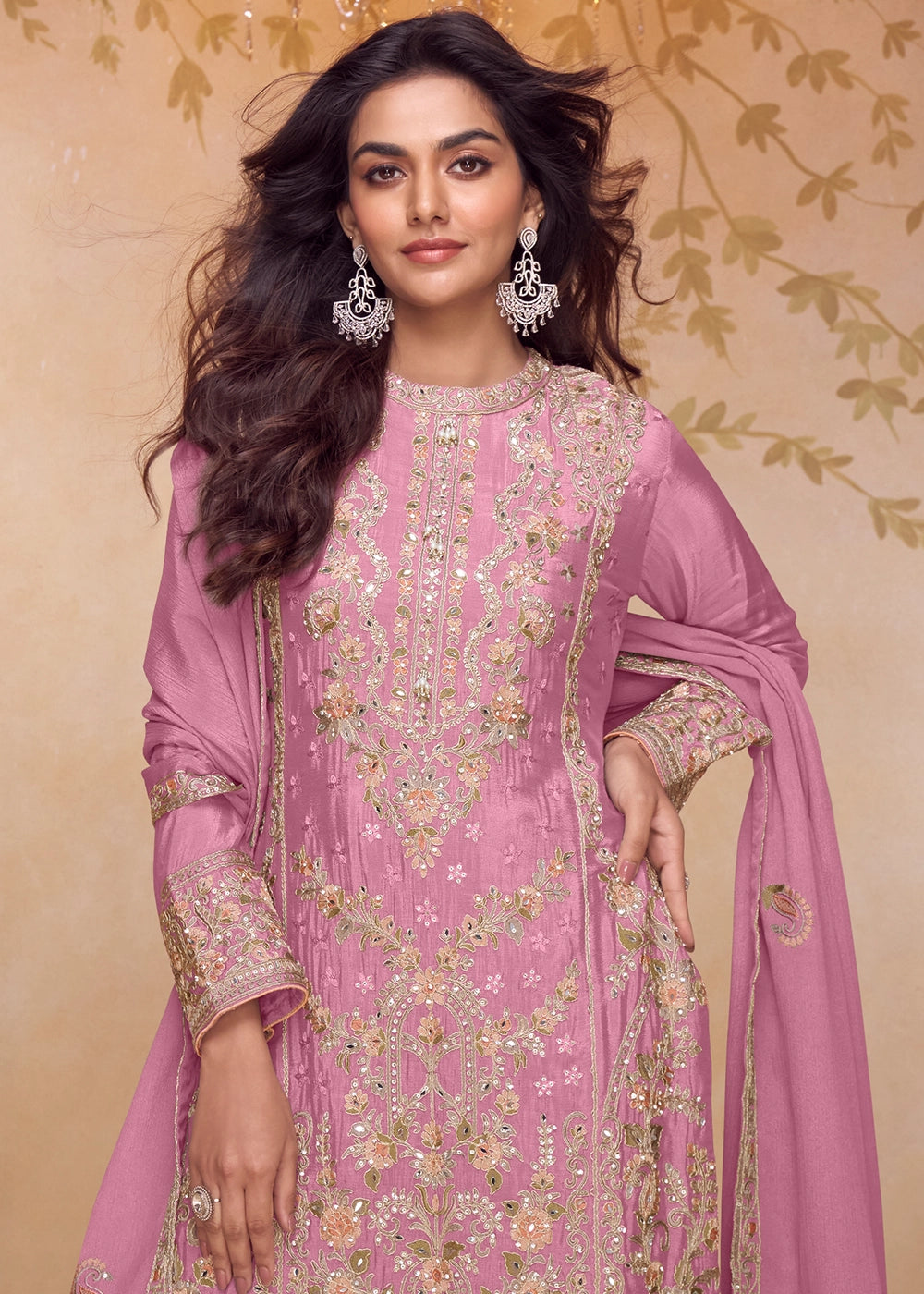 Pearly Purple Chinon Silk Ethnic Suit with Heavy Embroidery
