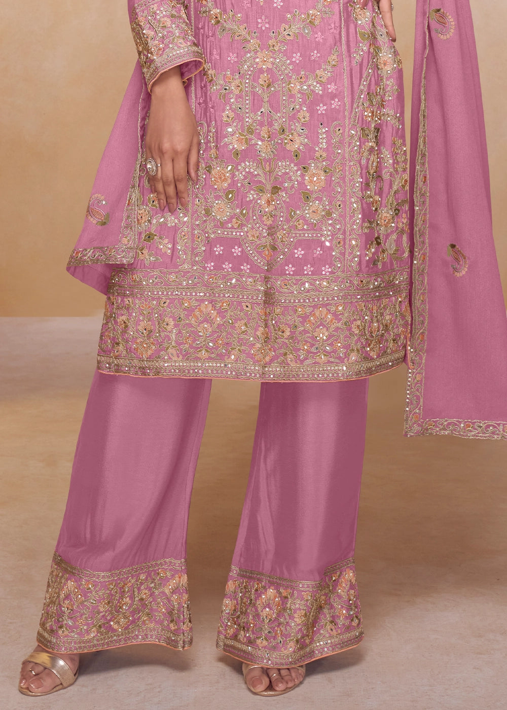 Pearly Purple Chinon Silk Ethnic Suit with Heavy Embroidery