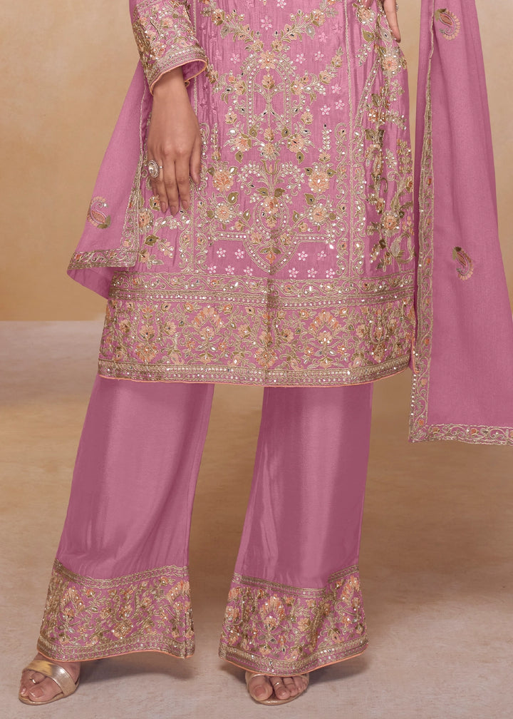 Pearly Purple Chinon Silk Ethnic Suit with Heavy Embroidery