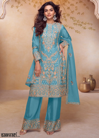 Cerulean Blue Chinon Silk Ethnic Suit with Heavy Embroidery