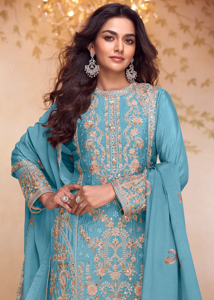 Cerulean Blue Chinon Silk Ethnic Suit with Heavy Embroidery