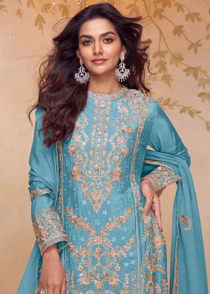 Cerulean Blue Chinon Silk Ethnic Suit with Heavy Embroidery