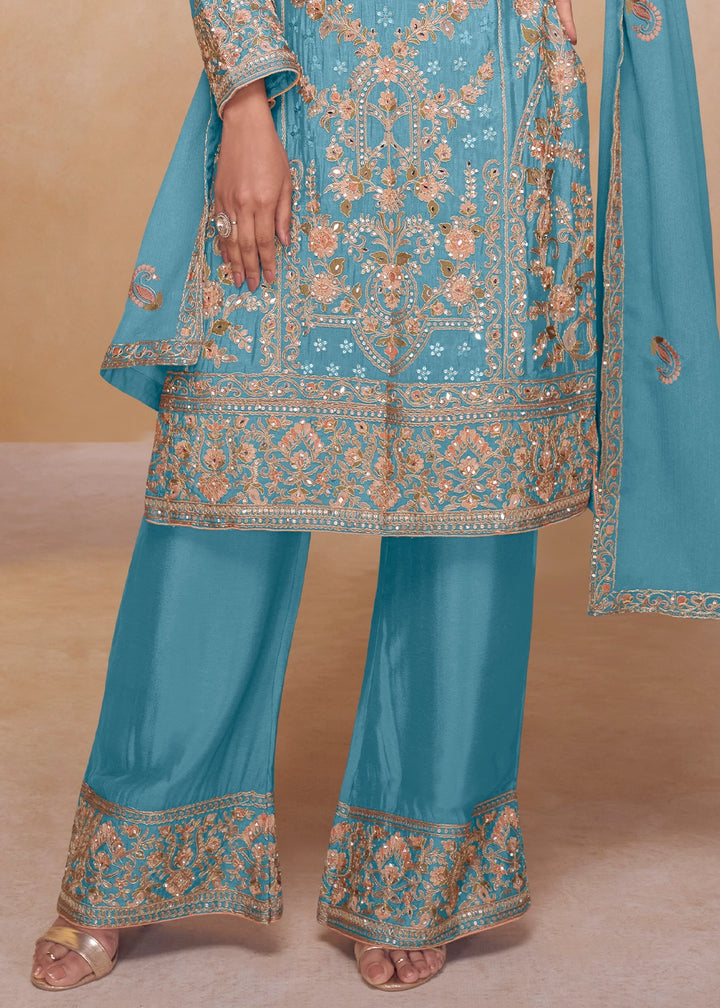 Cerulean Blue Chinon Silk Ethnic Suit with Heavy Embroidery