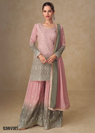 Pink & Grey Georgette Sharara Suit with Embroidered Details