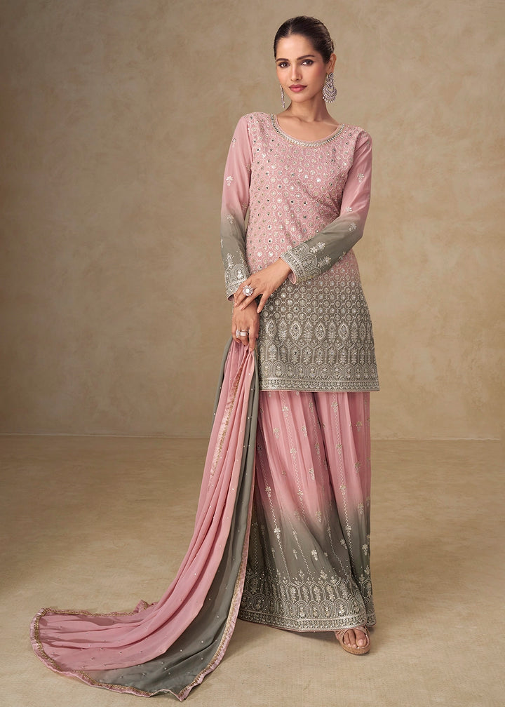 Pink & Grey Georgette Sharara Suit with Embroidered Details