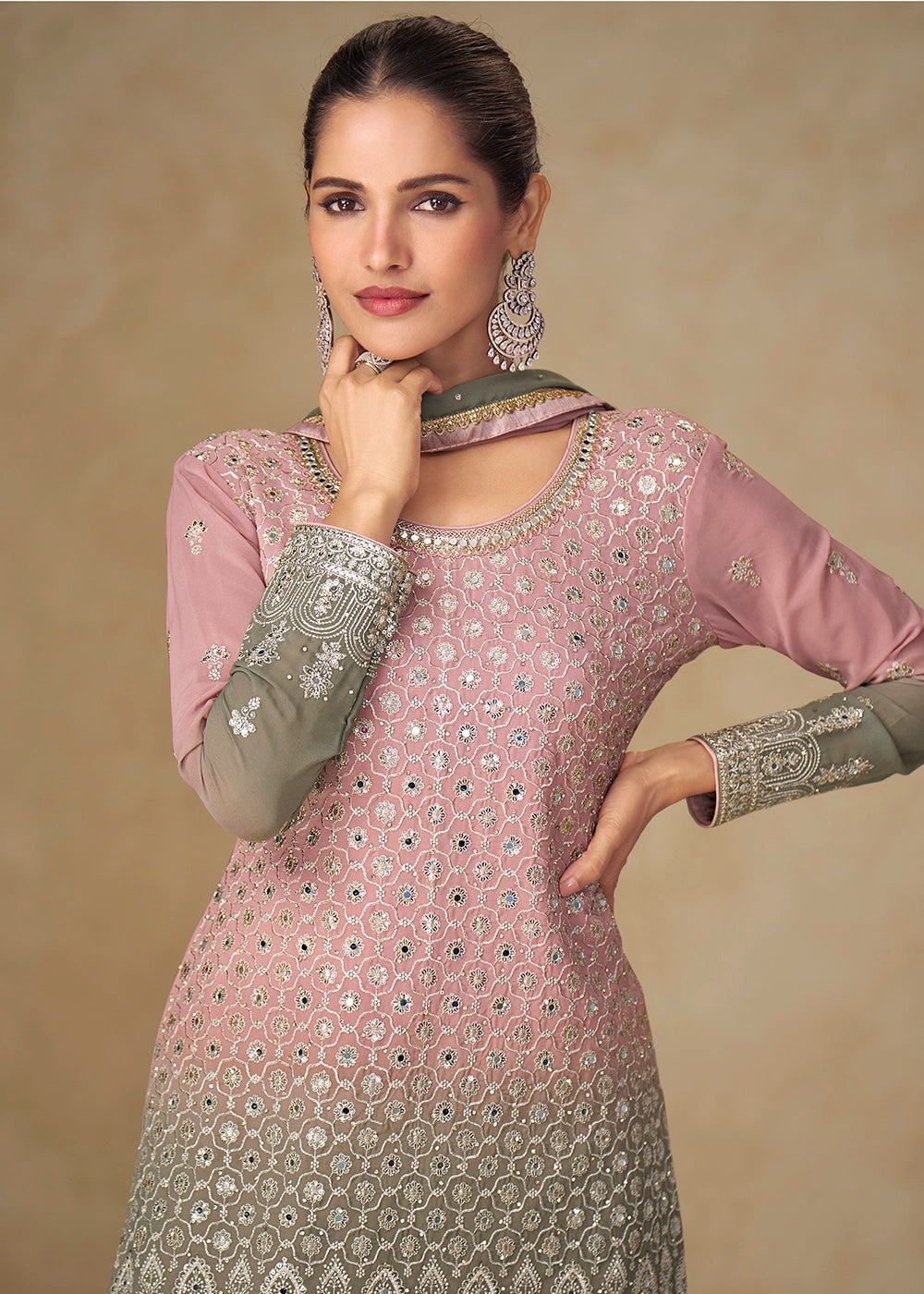 Pink & Grey Georgette Sharara Suit with Embroidered Details
