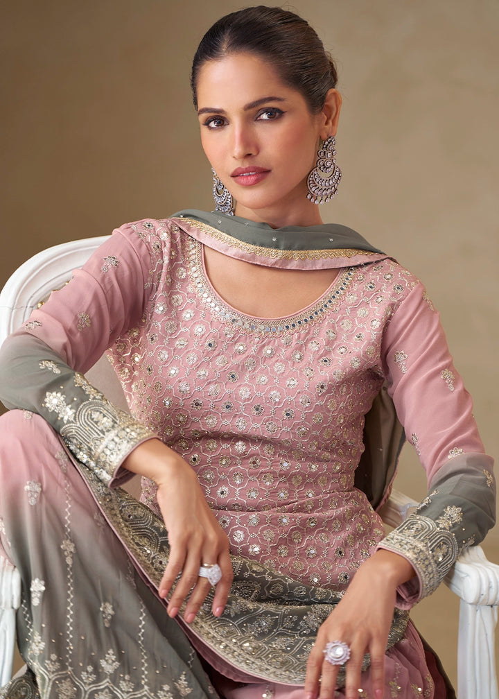Pink & Grey Georgette Sharara Suit with Embroidered Details
