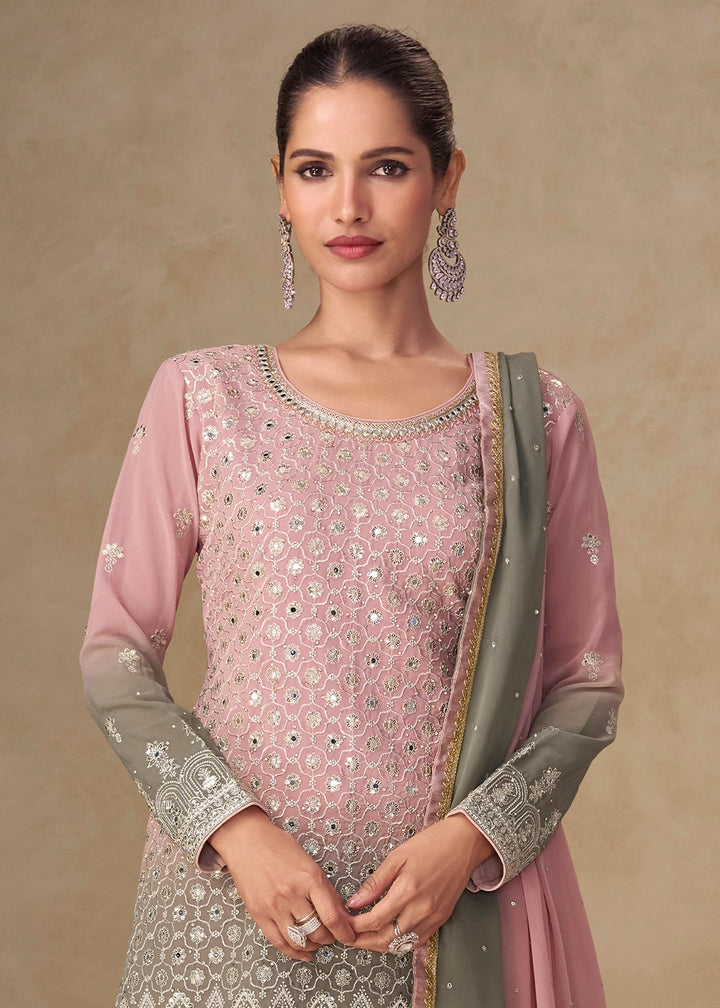 Pink & Grey Georgette Sharara Suit with Embroidered Details