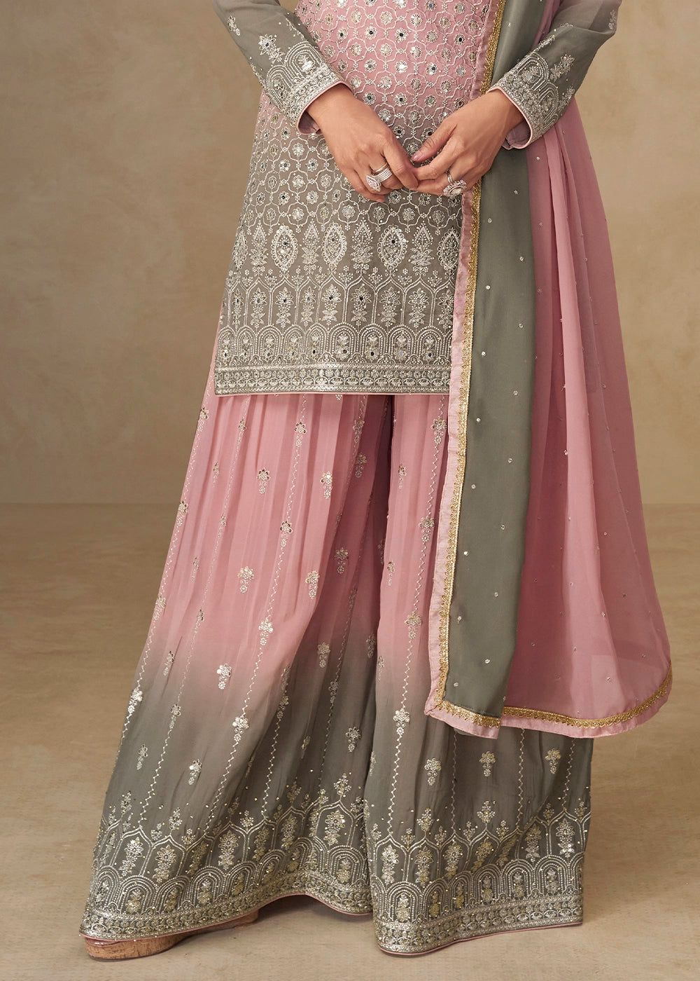 Pink & Grey Georgette Sharara Suit with Embroidered Details