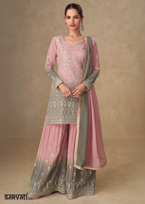 Pink & Grey Georgette Sharara Suit with Embroidered Details