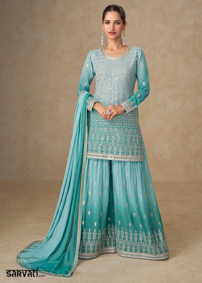 Aqua Blue Georgette Sharara Suit with Delicate Embroidery