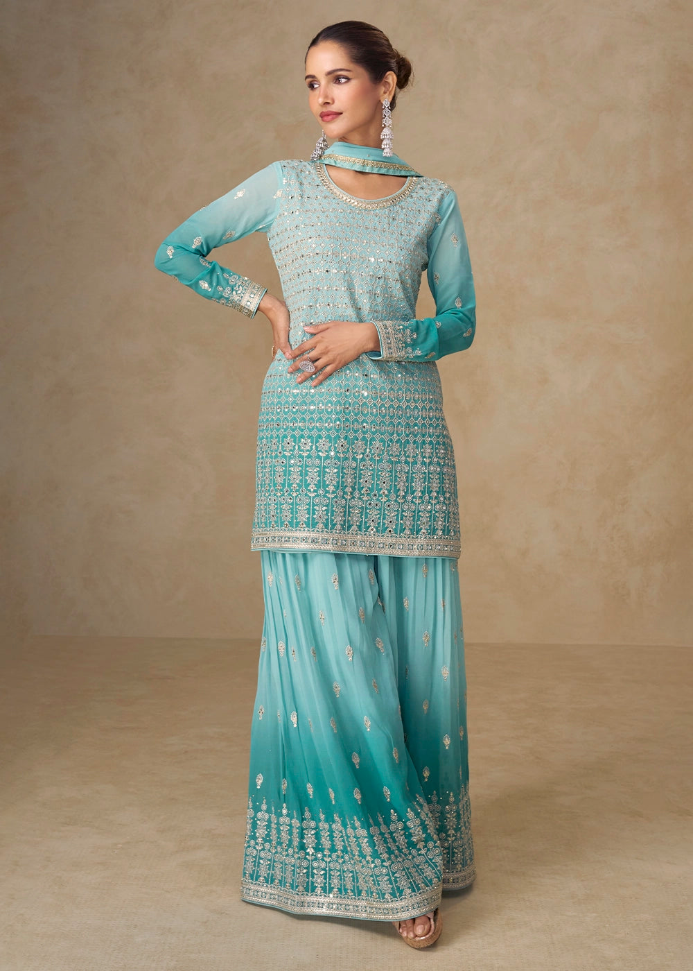 Aqua Blue Georgette Sharara Suit with Delicate Embroidery