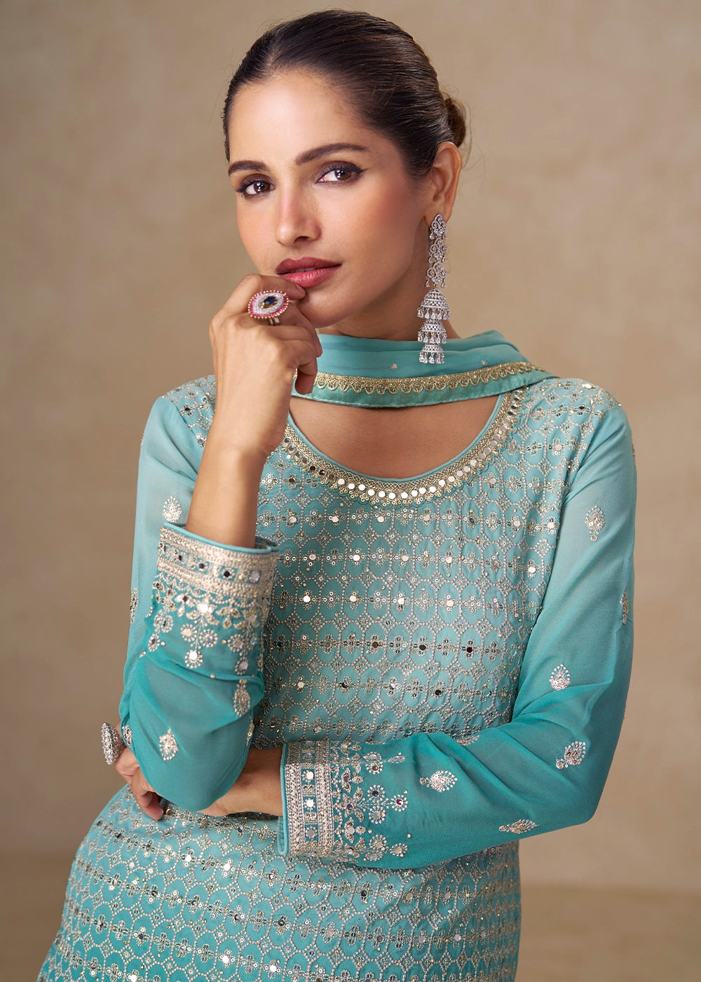 Aqua Blue Georgette Sharara Suit with Delicate Embroidery