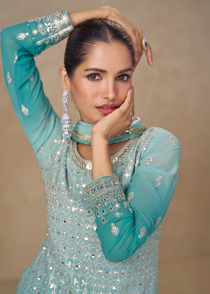 Aqua Blue Georgette Sharara Suit with Delicate Embroidery