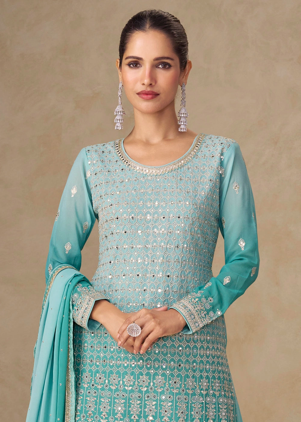 Aqua Blue Georgette Sharara Suit with Delicate Embroidery