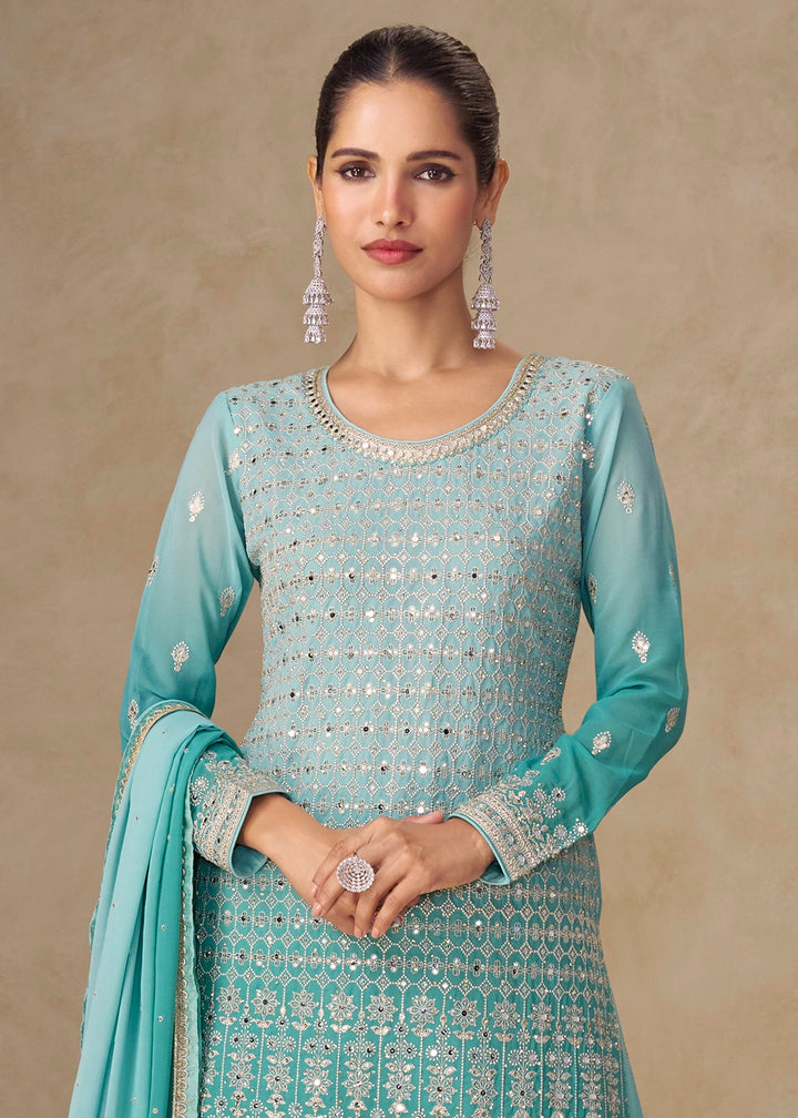 Aqua Blue Georgette Sharara Suit with Delicate Embroidery