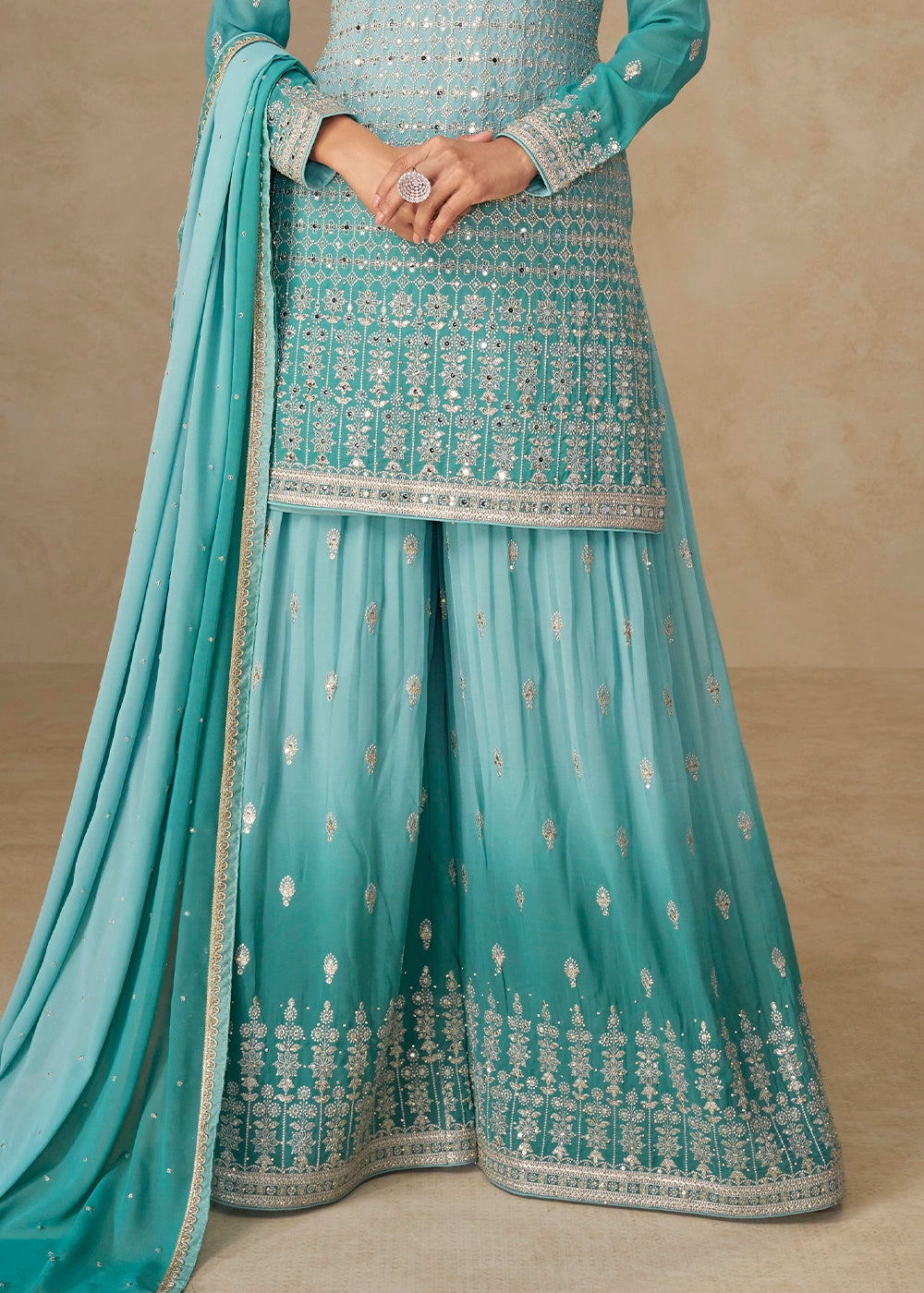Aqua Blue Georgette Sharara Suit with Delicate Embroidery