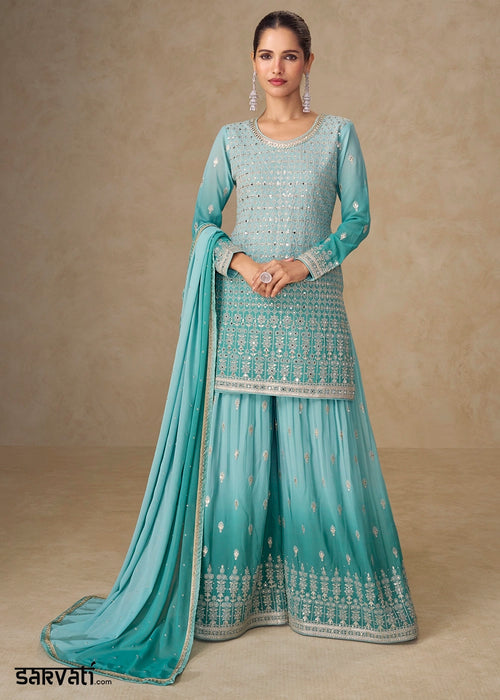 Aqua Blue Georgette Sharara Suit with Delicate Embroidery