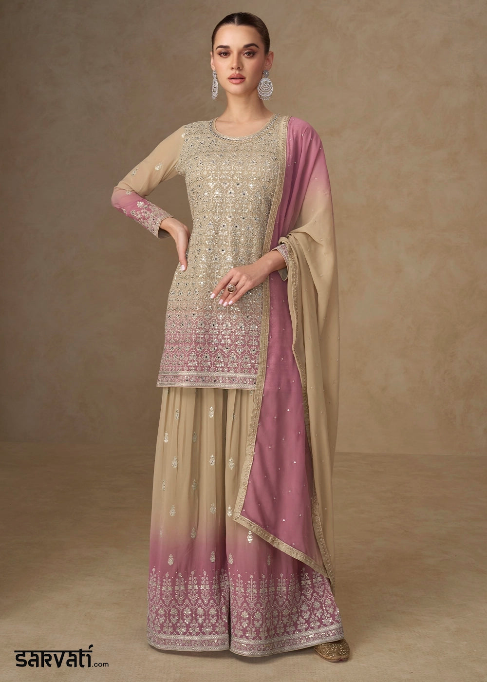 Brown & Purple Georgette Sharara Suit with Elegant Embroidery