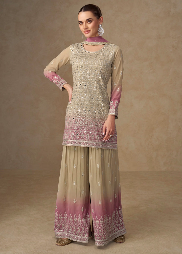Brown & Purple Georgette Sharara Suit with Elegant Embroidery