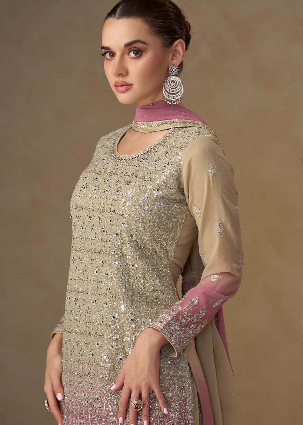 Brown & Purple Georgette Sharara Suit with Elegant Embroidery