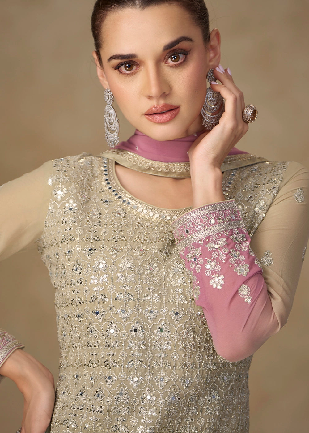 Brown & Purple Georgette Sharara Suit with Elegant Embroidery