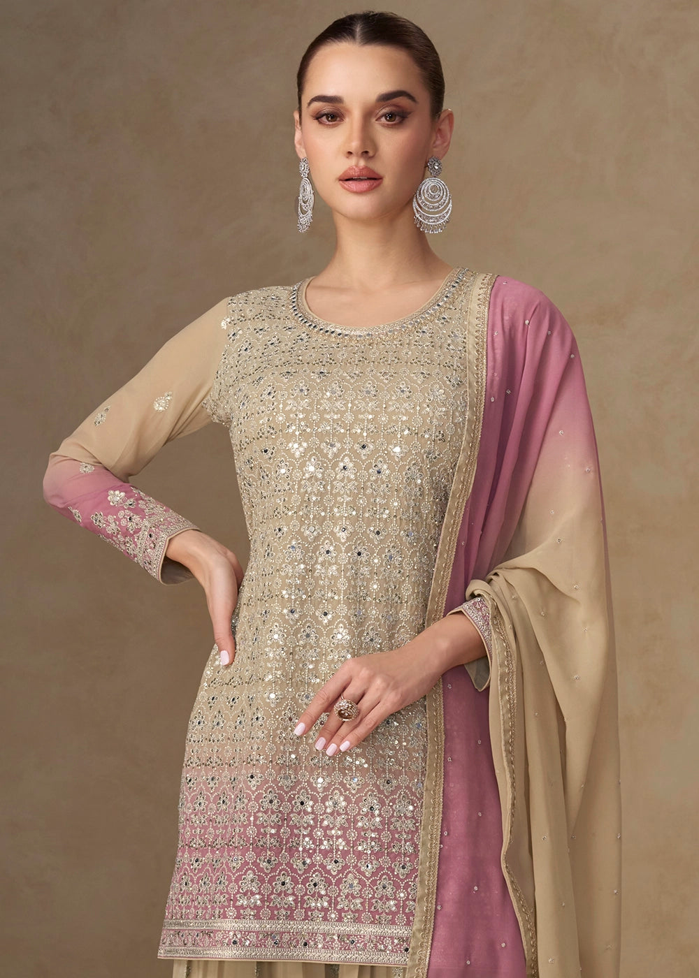 Brown & Purple Georgette Sharara Suit with Elegant Embroidery