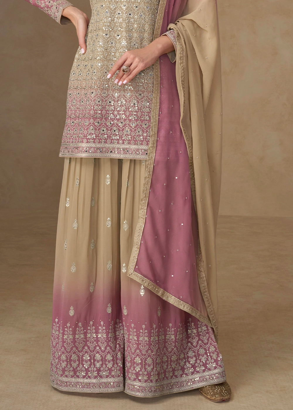 Brown & Purple Georgette Sharara Suit with Elegant Embroidery