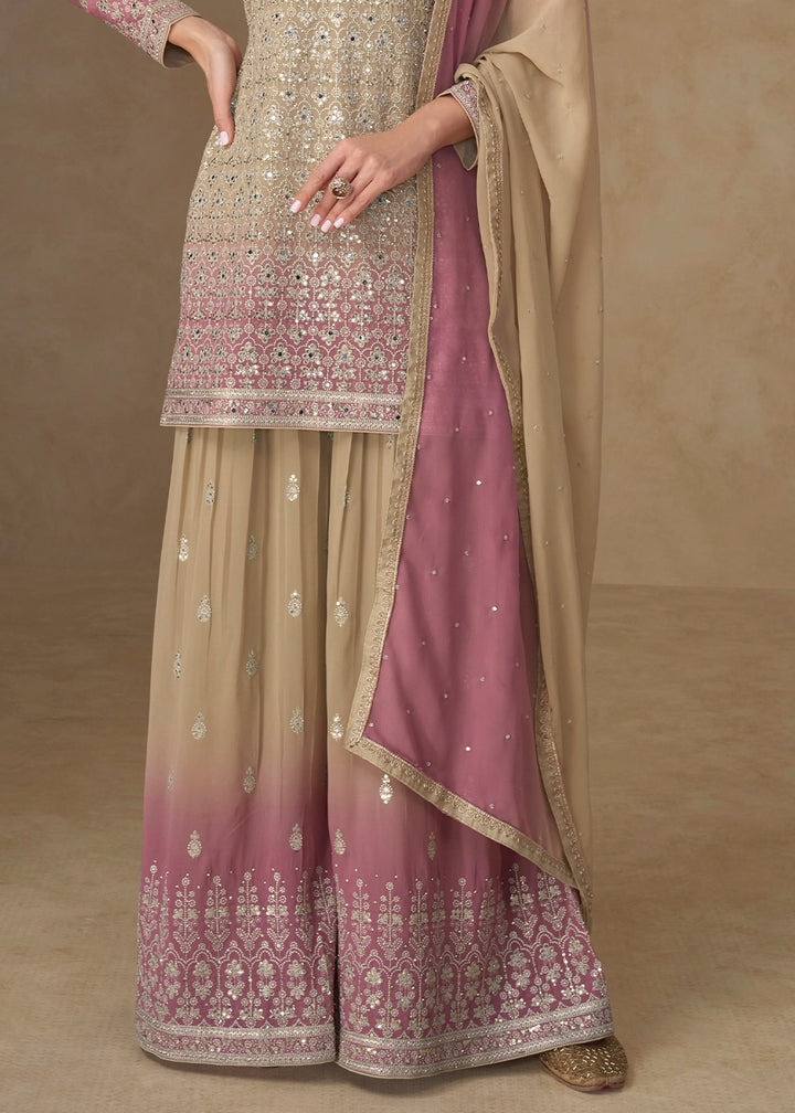 Brown & Purple Georgette Sharara Suit with Elegant Embroidery