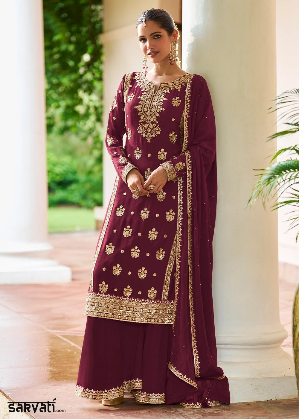 Mulberry Purple Chinon Silk Palazzo Suit with Luxury Embellishments