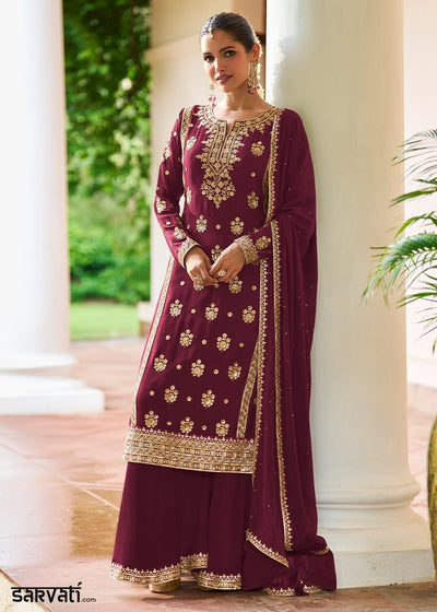 Mulberry Purple Chinon Silk Palazzo Suit with Luxury Embellishments