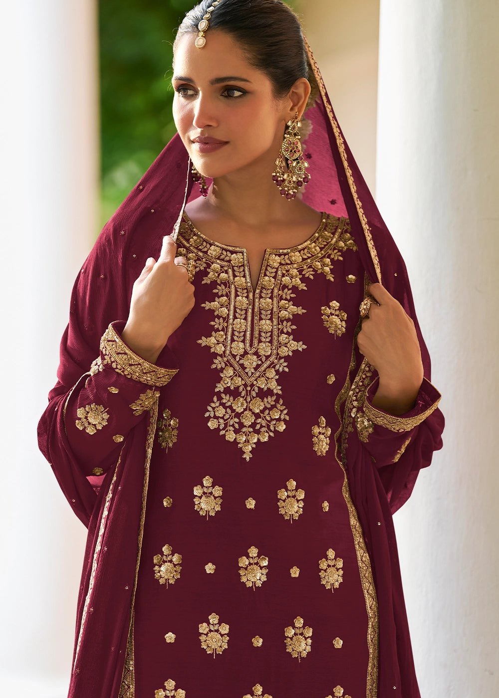 Mulberry Purple Chinon Silk Palazzo Suit with Luxury Embellishments