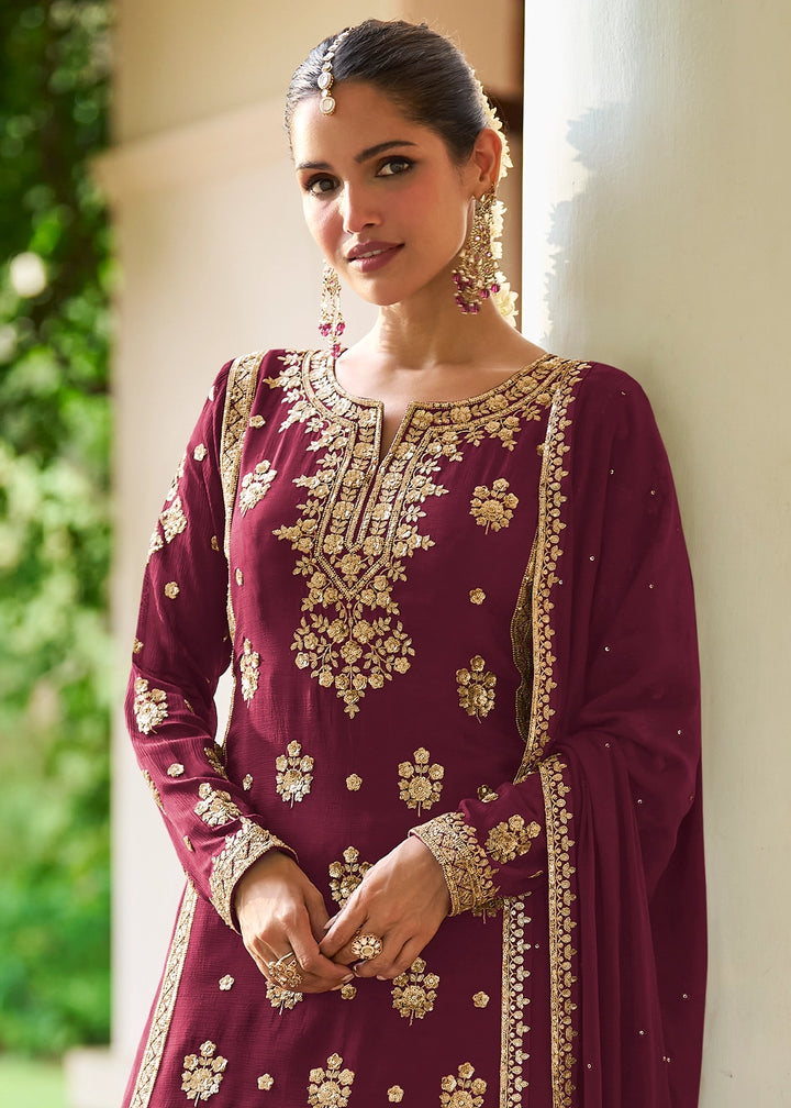 Mulberry Purple Chinon Silk Palazzo Suit with Luxury Embellishments