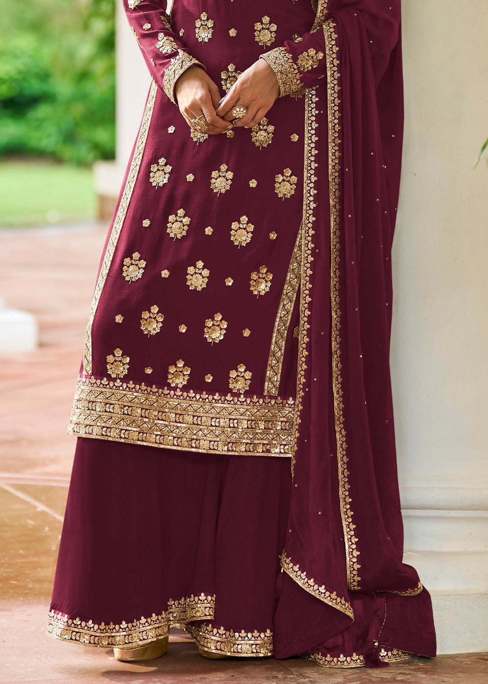 Mulberry Purple Chinon Silk Palazzo Suit with Luxury Embellishments