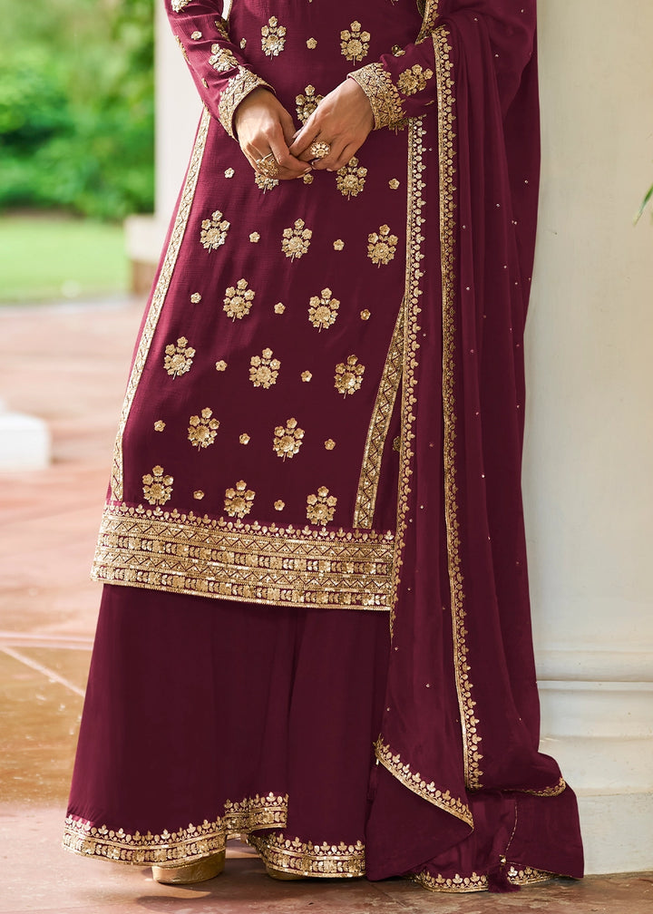 Mulberry Purple Chinon Silk Palazzo Suit with Luxury Embellishments