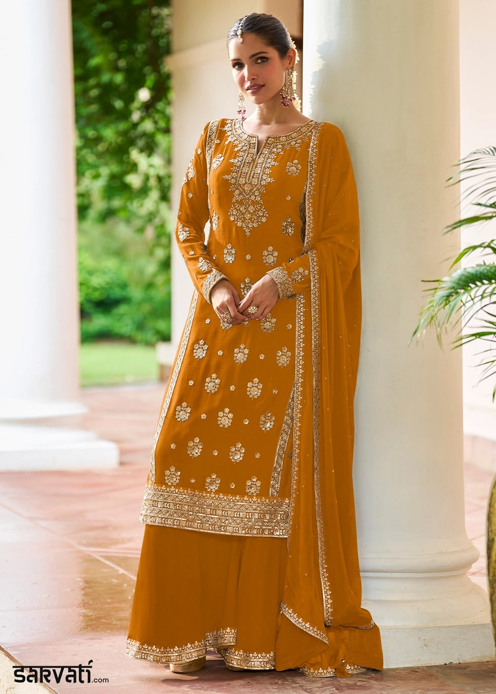 Mustard Yellow Chinon Silk Palazzo Suit with Luxury Embellishments