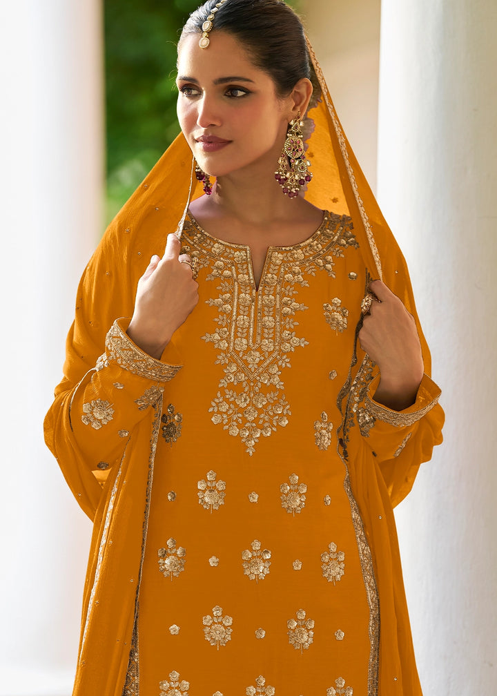 Mustard Yellow Chinon Silk Palazzo Suit with Luxury Embellishments
