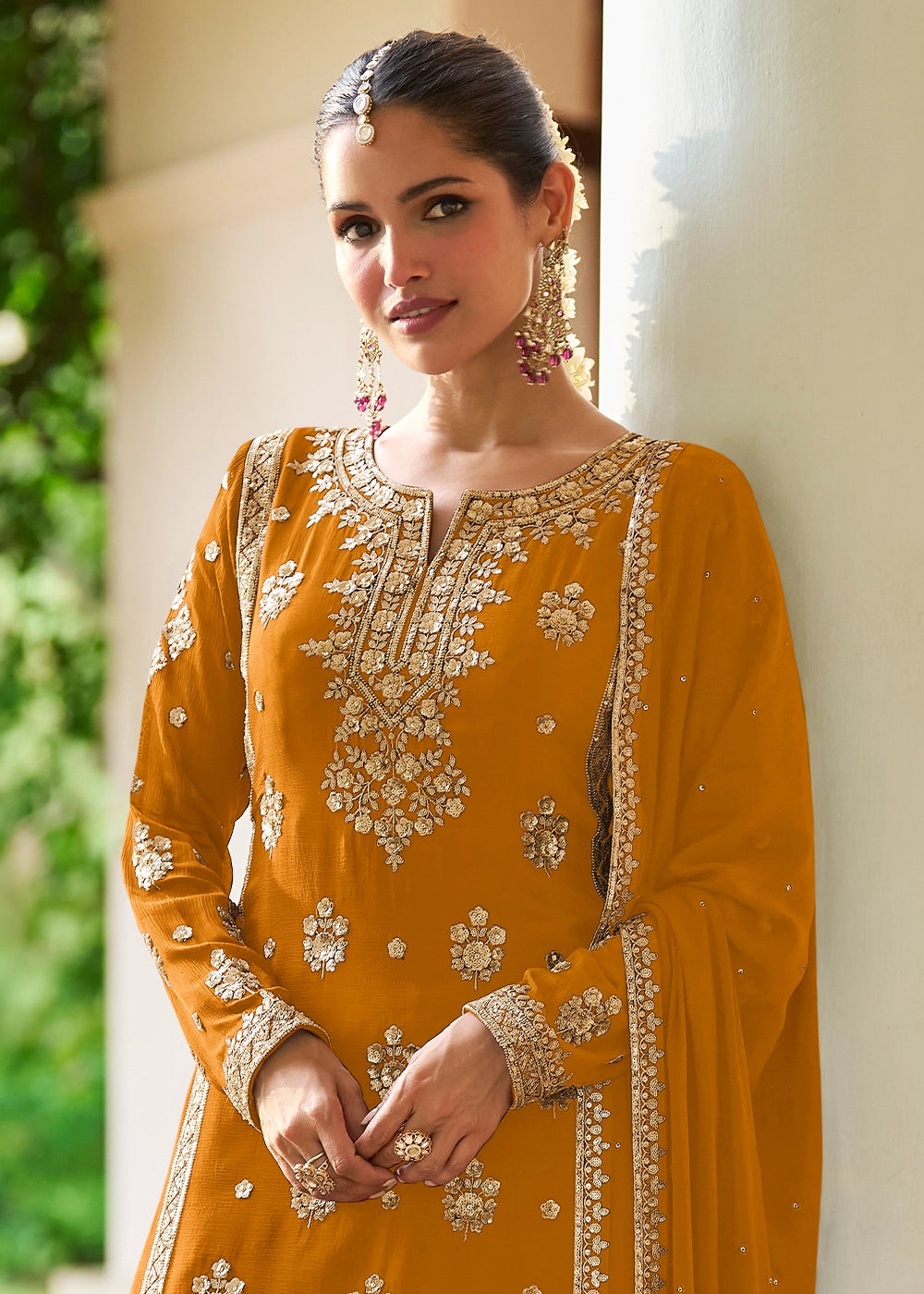 Mustard Yellow Chinon Silk Palazzo Suit with Luxury Embellishments