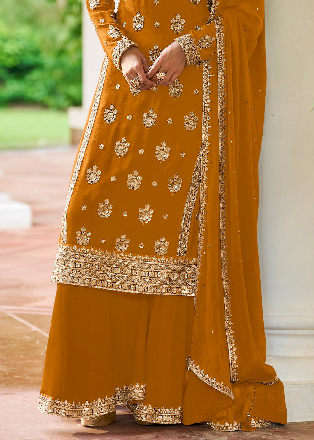 Mustard Yellow Chinon Silk Palazzo Suit with Luxury Embellishments