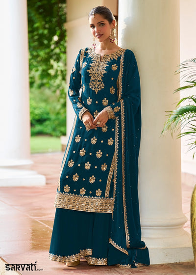 Prussian Blue Chinon Silk Palazzo Suit with Luxury Embellishments
