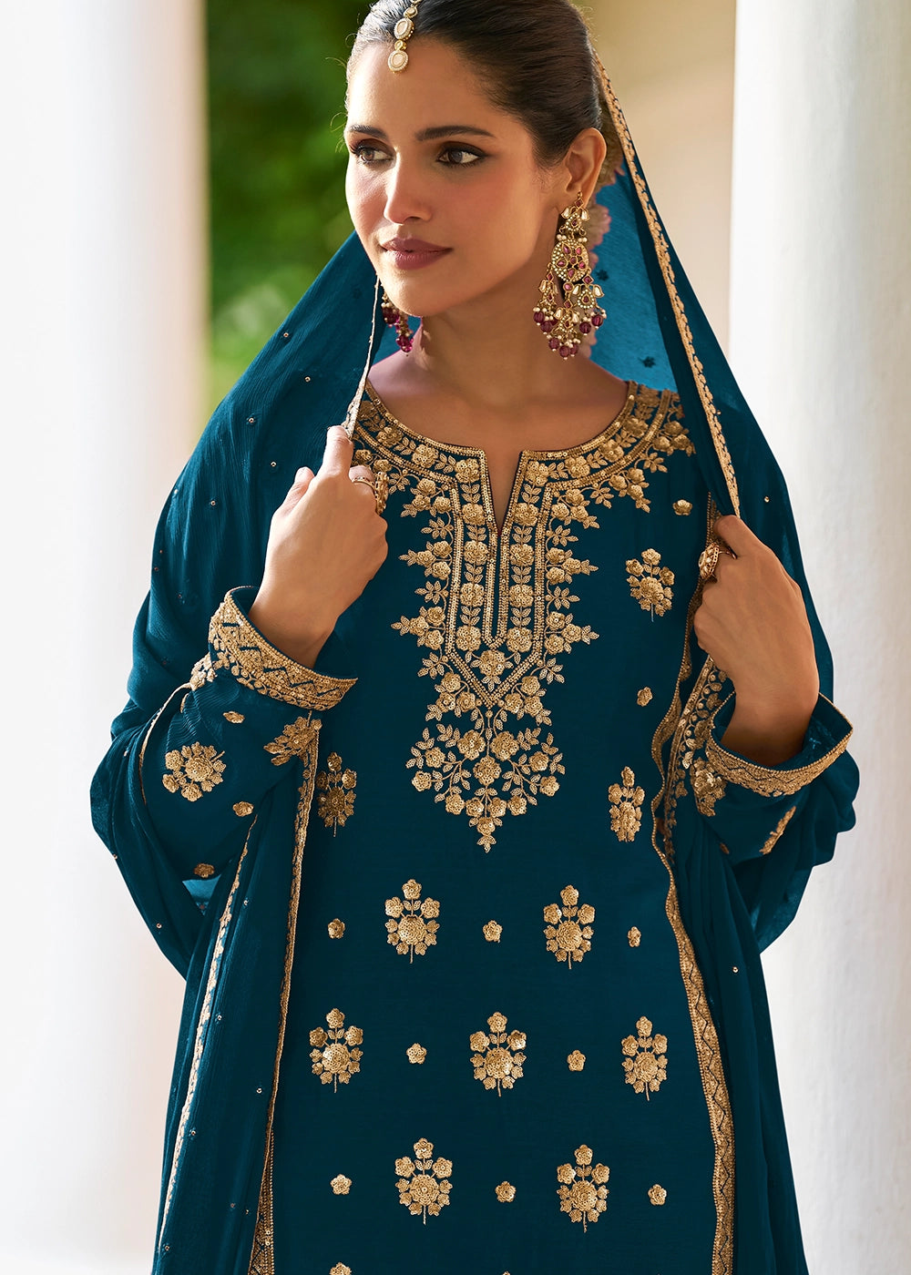 Prussian Blue Chinon Silk Palazzo Suit with Luxury Embellishments