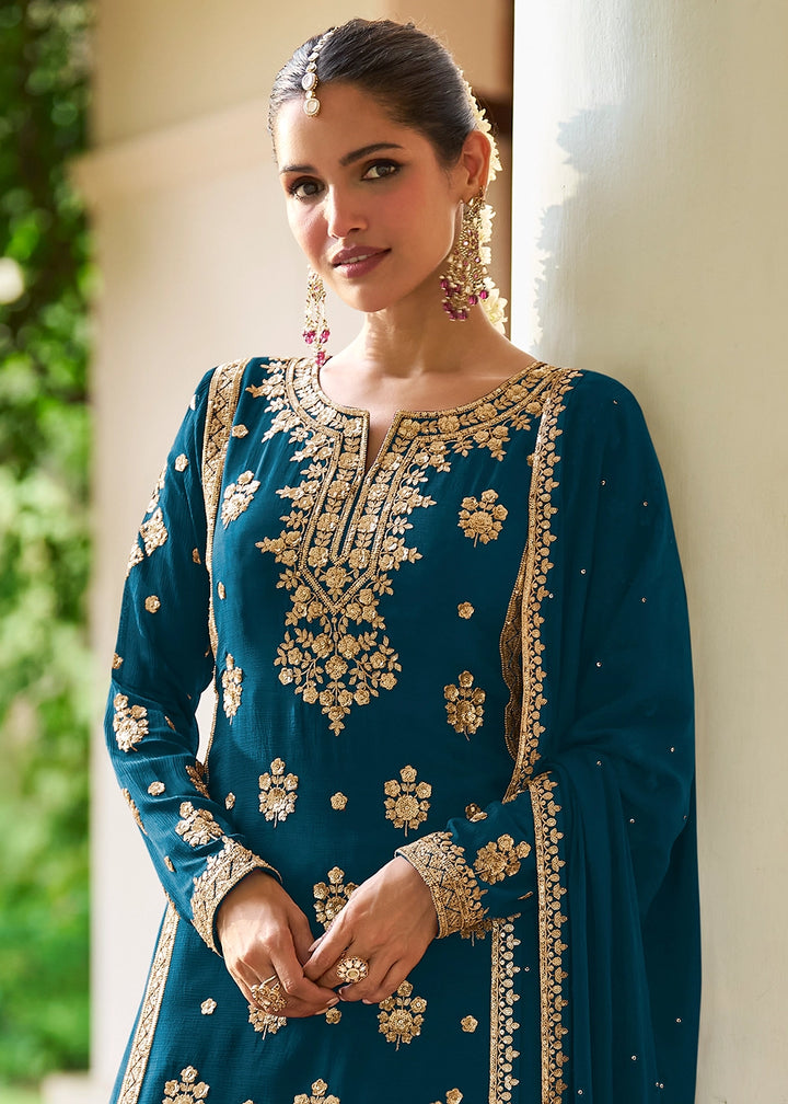 Prussian Blue Chinon Silk Palazzo Suit with Luxury Embellishments