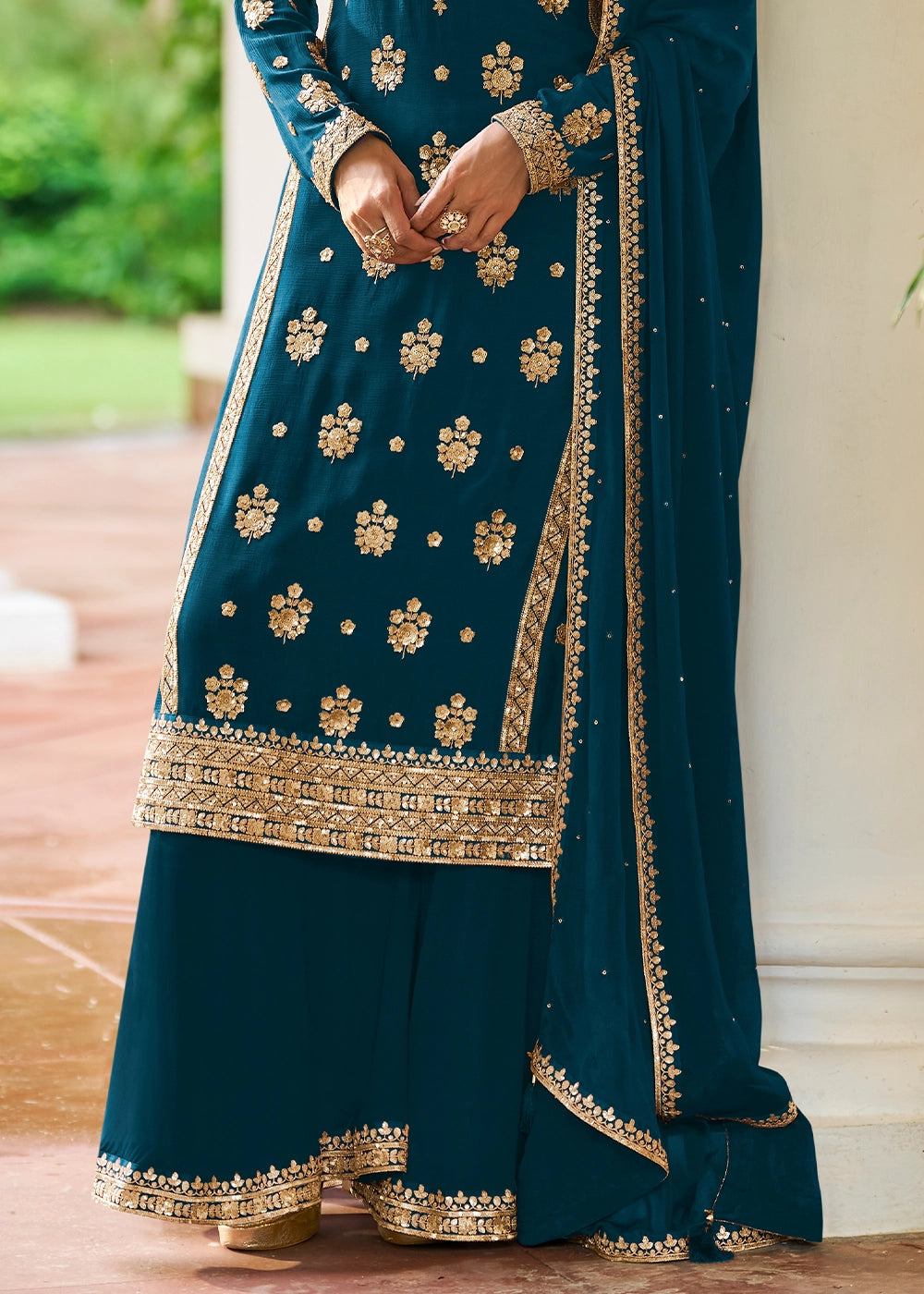 Prussian Blue Chinon Silk Palazzo Suit with Luxury Embellishments