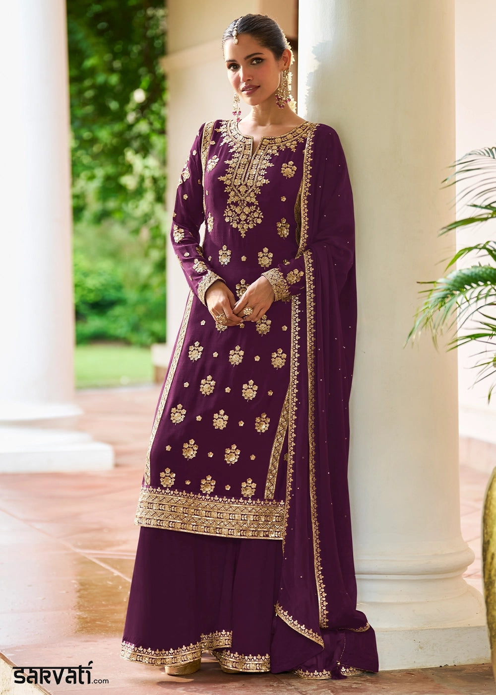 Eggplant Purple Chinon Silk Palazzo Suit with Luxury Embellishments