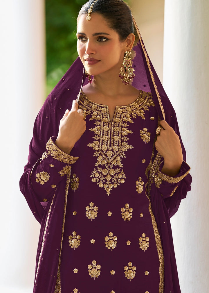 Eggplant Purple Chinon Silk Palazzo Suit with Luxury Embellishments