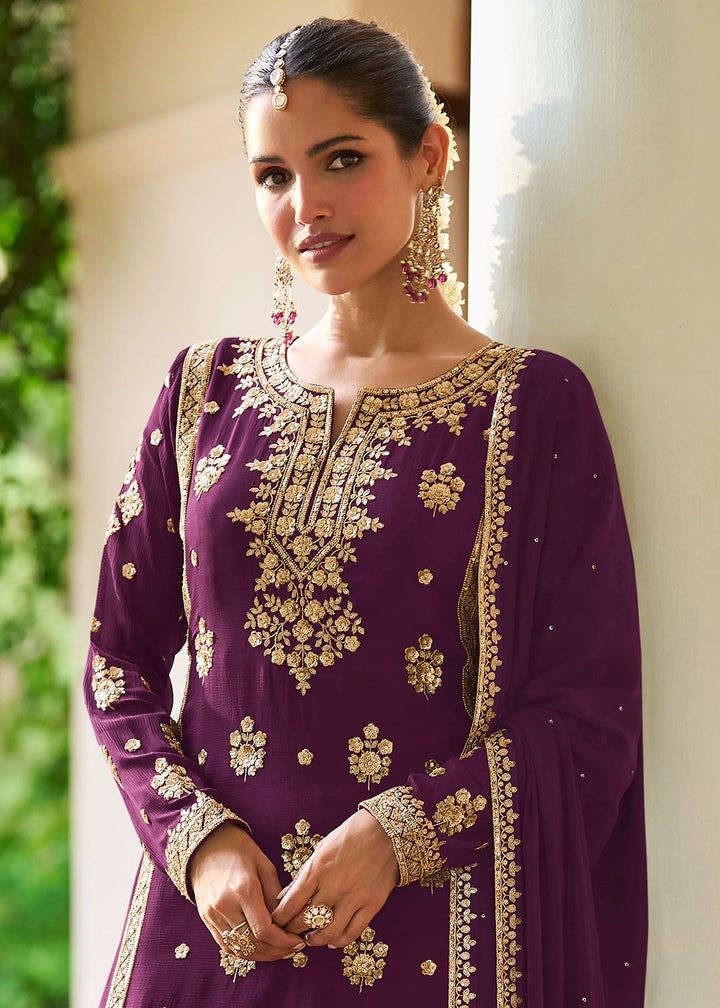 Eggplant Purple Chinon Silk Palazzo Suit with Luxury Embellishments