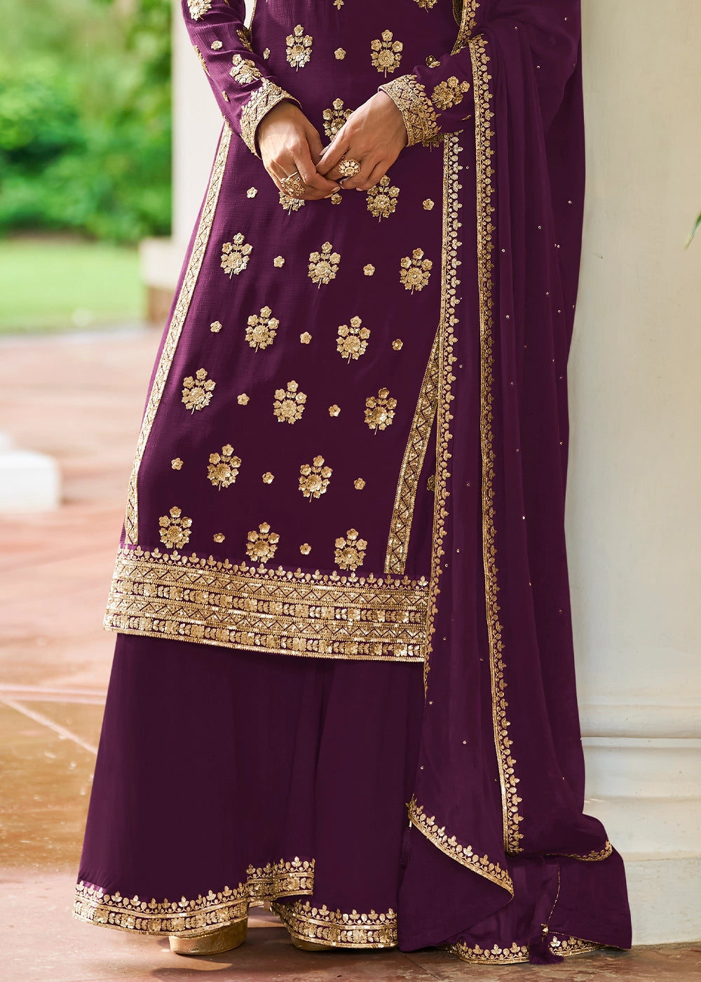 Eggplant Purple Chinon Silk Palazzo Suit with Luxury Embellishments