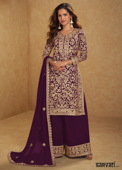 Mulberry Purple Georgette Palazzo Suit with Luxury Embellished Work